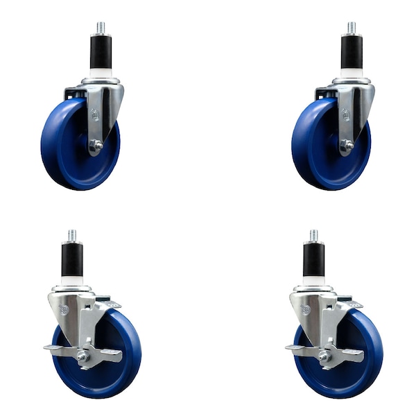 5'' Solid Poly Wheel Swivel 1-3/8'' Expanding Stem Caster Set 2 Brakes, 4PK